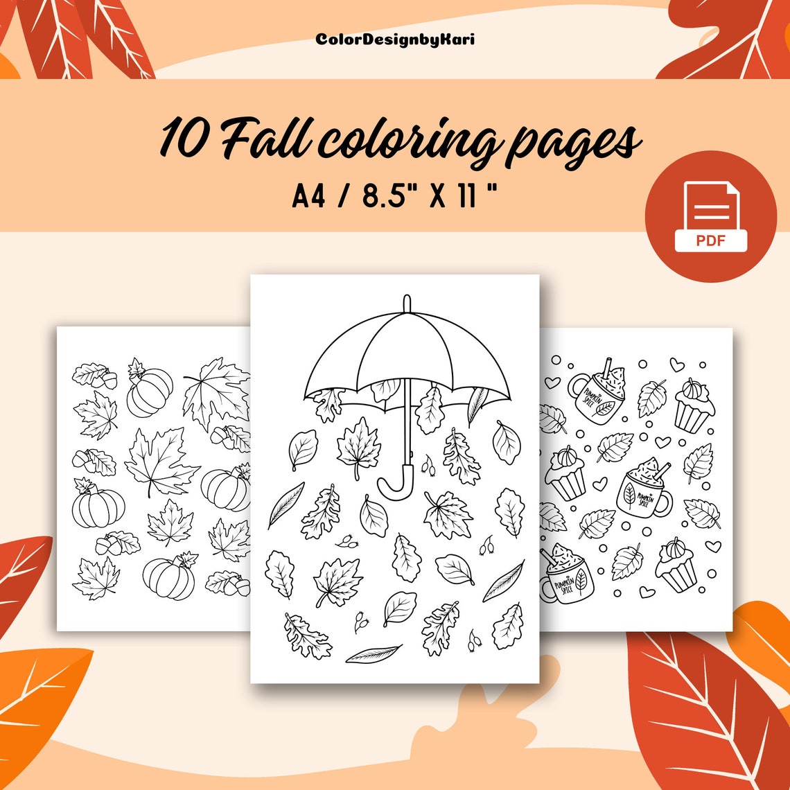 10 Fall Coloring Pages, Fall Coloring, Printable Coloring Pages, Adult ...