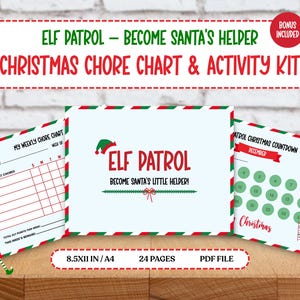May include: A Christmas-themed activity kit with the text "Elf Patrol - Become Santa's Helper". The kit includes a chore chart, a countdown calendar, and other activities. The pages are 8.5x11 inches.