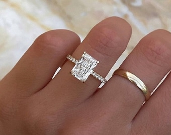 Elongated 3 CT Radiant Cut Moissanite Engagement Ring, Solitaire Wedding Ring, Hidden Halo Ring, Half Eternity Ring, Anniversary Gifts/Ring