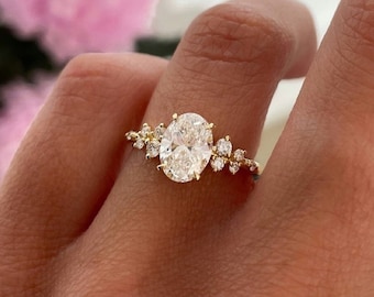 Art Deco Oval Cut Moissanite Cluster Engagement Ring Solitaire Proposal Ring Unique Wedding Ring 18k Gold Promise Ring Bridal Ring For Women