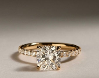 2.26 CT Cushion Cut Moissanite Engagement Ring, Hidden Halo Solitaire Ring, Delicate Wedding Ring, Half Eternity Promise Ring/Gifts For Her