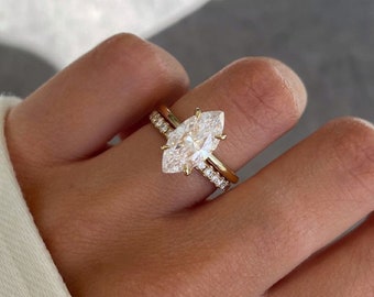 Marquise Cut Moissanite Engagement Ring Set Vintage Bridal Ring Set Unique Wedding Ring Set Round Moissanite Half Eternity Promise Ring/Band