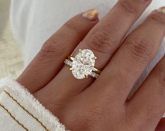 3.14 CT Oval Cut Moissanite Engagement Ring Set, Hidden Halo Wedding Ring Set, Unique Bridal Ring Set, Full Eternity Matching/Stacking Band