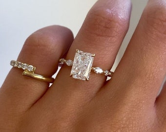 Art Deco 2.25 CT Radiant Cut Moissanite Engagement Ring, Hidden Halo Wedding Ring, Marquise Half Eternity Ring, Unique Anniversary Gift/Ring