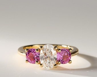 Art Deco Oval Cut Moissanite Three Stone Engagement Ring/Accents Lab Created Pink Sapphire Round/Unique Wedding Ring/Anniversary Gifts/Ring