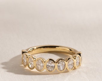14k Yellow Gold Oval Cut Moissanite Bezel Set Half Eternity Band/Oval Cut Colorless Moissanite Wedding Band/Oval Cut Stacking/Matching Band