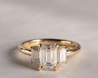 1.77 CT Emerald Cut Moissanite Three Stone Ring Side Emerald Cut Unique Engagement Ring Art Deco Wedding Ring Anniversary Gifts/Ring For Her