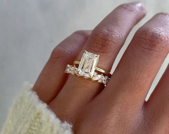 Elongated 3.12 CT Emerald Moissanite Engagement Ring Set Art Deco Wedding Ring Set Unique Bridal Ring Set Marquise Cut Half Eternity Band