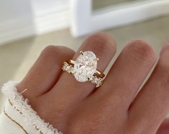 3.05 CT Oval Cut Moissanite Engagement Ring Set, Hidden Halo Wedding Ring Set, Oval Cut Bridal Ring Set, Vintage Marquise Cut Matching Band