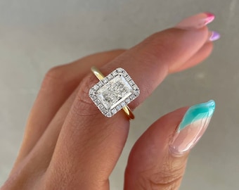 Art Deco 3.15 CT Radiant Moissanite Halo Engagement Ring Unique Two Tone Gold Wedding Ring Anniversary Ring Bridal Ring Promise Gifts/Ring