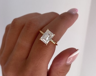 Elongated 3.10 CT Emerald Cut Moissanite Engagement Ring, Hidden Halo Wedding Ring, Solitaire Proposal Ring, Delicate Anniversary Gifts/Ring