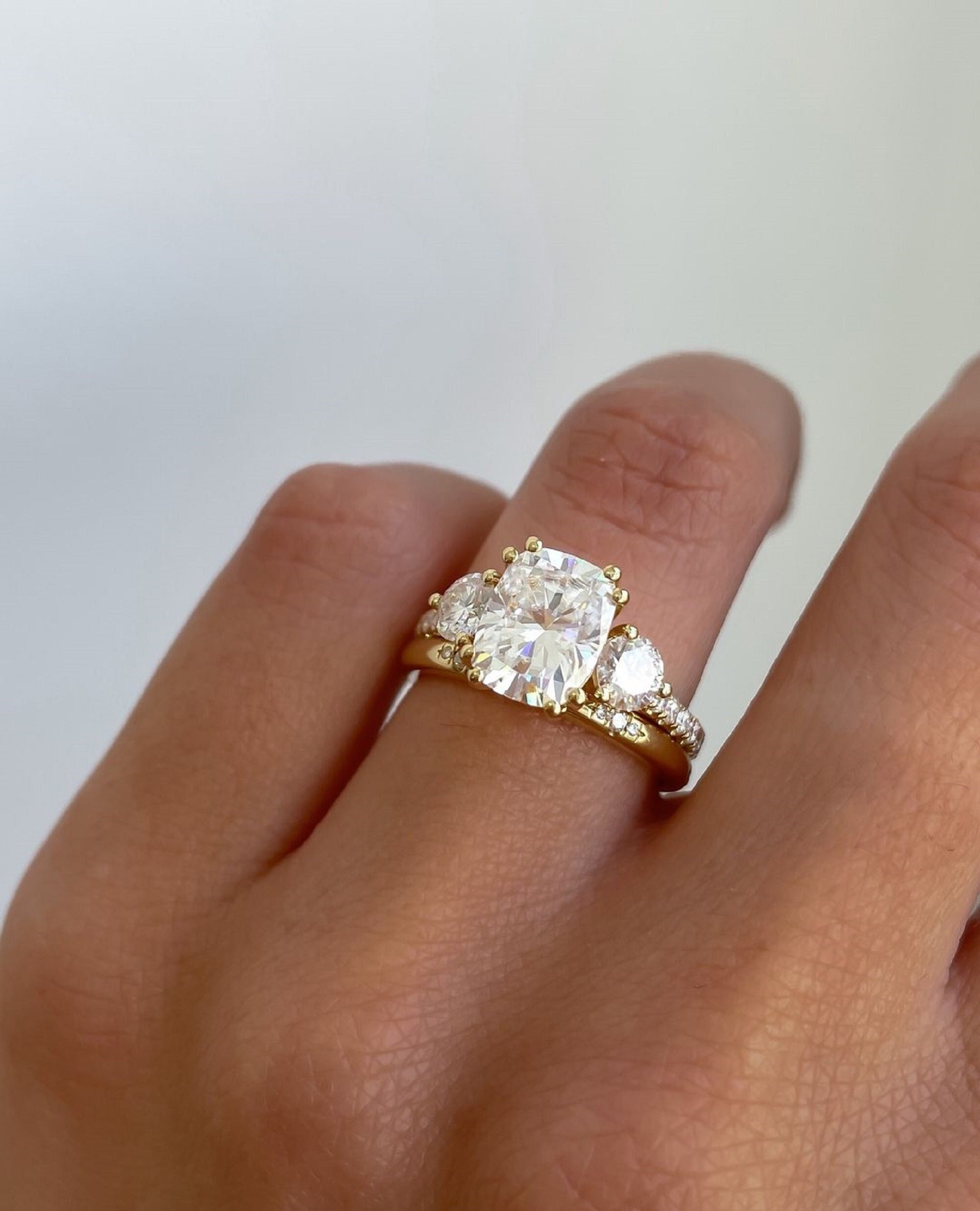 Elongated 2.45 CT Cushion Cut Moissanite Engagement Ring Set, Three Stone Wedding Ring Set, Unique Bridal Ring Set, Matching/Stacking Band