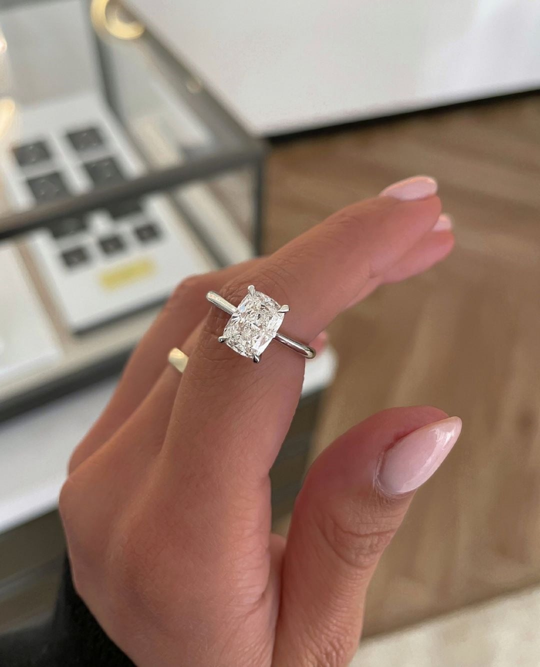 Elongated CT Cushion Cut Moissanite Engagement Ring Hidden Halo