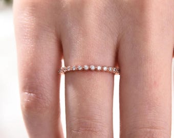 Vintage Moissanite Wedding Band, Unique 14k Rose Gold Half Eternity Matching Ring, Antique Stacking Ring, Anniversary Promise Ring For Women