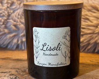 Scented candle/candle in a glass, handmade, vegan (Amber 30 Cl) with long burning time and wooden lid. Scent & wick selectable