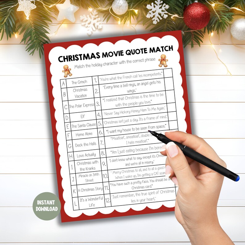 Christmas Movie Quote Match Game, Holiday Office Games, Christmas Party