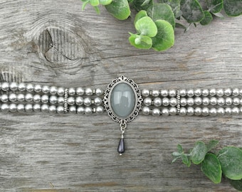 classic choker in gray 3 rows with glass wax beads for dirndl, necklace, pearl necklace, collier, glass cabochon