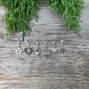 Könnte beinhalten: Sechs silberfarbene Anhänger mit Karabinerverschlüssen, mit floralen, herzförmigen und anderen dekorativen Designs. Die Anhänger werden auf einer verwitterten Holzoberfläche mit grünem Laub im Hintergrund präsentiert.