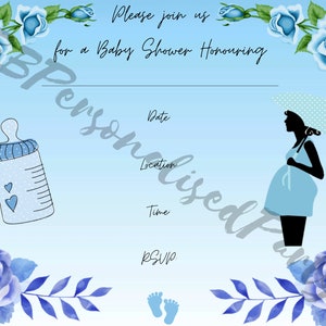Personalised Baby Shower Invite Bundle Blue with Words of Wisdom & Prediction cards