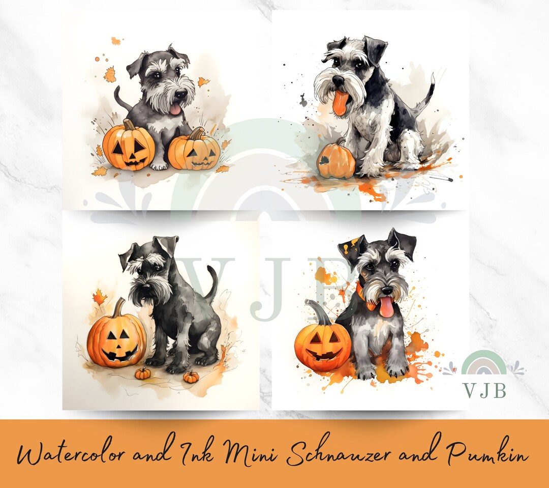 4 X Halloween Printable Miniature Schnauzer Dog and Pumpkin Watercolor ...