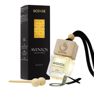 May include: A black rectangular box labeled SCENSE AVENTOS Luxury Car Parfum 8 ml 0.27 oz. next to a glass car air freshener bottle with a light wood cap, black hanging cord, and a metal clip. The bottle label reads AVENTOS Luxury Car Parfum 8 ml.