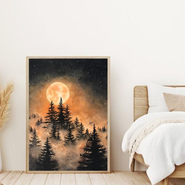 Harvest Moon,Abstract Mountain Digital File Download, Digital Download of River trees with Mountain Wall Decor, Download for Art decor, moon