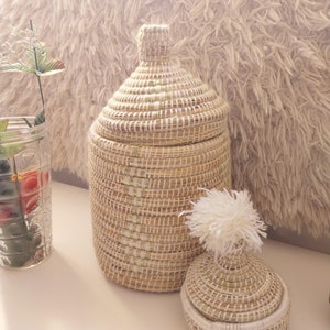 Set of Handmade Moroccan Storage Baskets with Lids - Boho Berber Bread Baskets - Authentic Ethnic Home Decor - Woven Organizer Bins