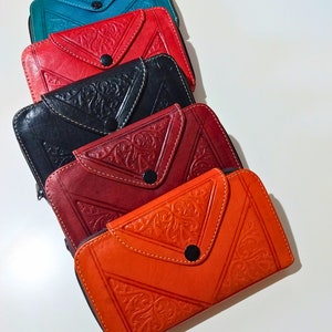 Cartera marroquí de piel naranja, accesorios, cartera de piel auténtica, cartera de mano con monograma, cartera de piel