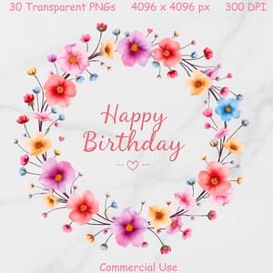 Texto floral pastel "Feliz Aniversário" PNG em fundo transparente, design de guirlanda de flores, clipart de círculo de flores, cartão de aniversário faça você mesmo