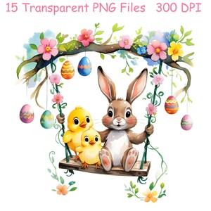Charming Easter Bunny Clipart Set,Floral Wreath Bunny PNG,Springtime Basket Bunny Designs,Watercolor Easter Art, Cheerful Easter Clipart