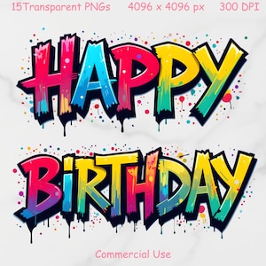 Happy Birthday Graffiti Clipart, druckbarer Schriftzug PNG, bunte Geburtstag Wortkunst, transparenter Hintergrund, digitaler Download
