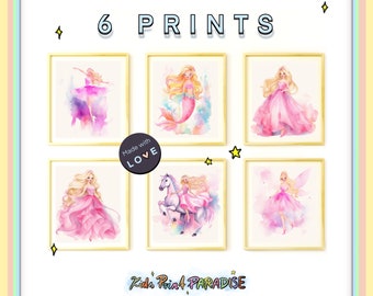 Set of 6 Pink Barbie Print Set | Printable Wall Art | Girls Room Decor | Kids Wall Art | Horse Ballet Fairy Mermaid Barbie | Watercolor Art