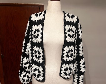 Crochet Cardigan: Black and White Boho Sweater
