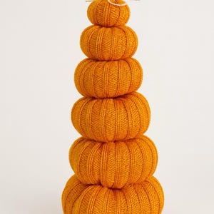 May include: A stack of six orange knitted pumpkins of varying sizes, arranged vertically. Each pumpkin has a ribbed texture, and the top pumpkin is adorned with a small twig and twine bow. The pumpkins are a fall-themed decoration.