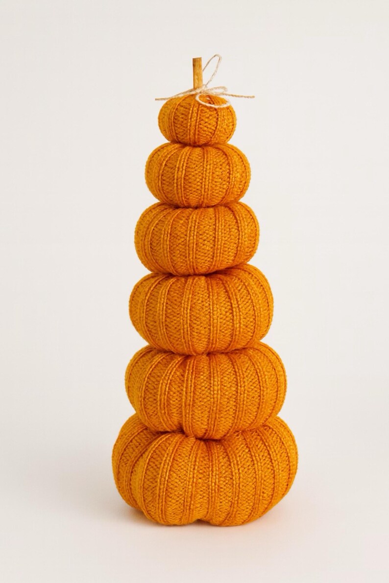 May include: A stack of six orange knitted pumpkins of varying sizes, arranged vertically. Each pumpkin has a ribbed texture, and the top pumpkin is adorned with a small twig and twine bow. The pumpkins are a fall-themed decoration.