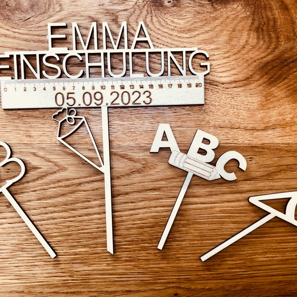 Cake topper school child set / personalized cake topper / ABC pen, 123, school bag, made of wood