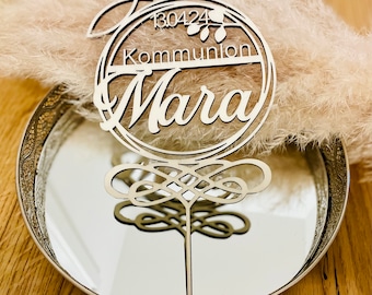 Cake Topper, Heilige Kommunion/Konfirmation/Taufe, Tortenstecker mit Namen personalisiert, Holz, Kuchendekoration, Kuchenstecker, Tortendeko