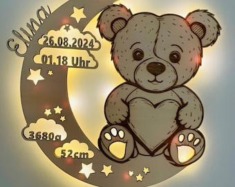Nachtlampe, Schlummerlicht, Stilllicht, Baby, für Geburt, Taufe, personalisiert mit Namen, Nachtlicht Kinder, aus Holz, Kinderzimmer, Teddy