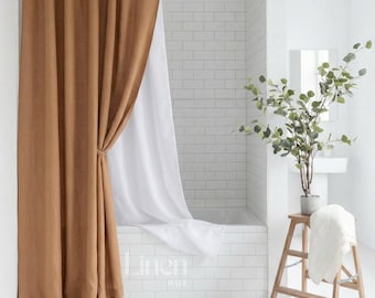 Linen Shower Drape with Waterproof Liner, Buttonhole Top, Custom Bathroom Curtain