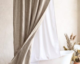 Linen Shower Curtain with Waterproof Liner, Custom Size Linen Shower Curtain, Farmhouse Bathroom Decor, Rustic Shower Drape
