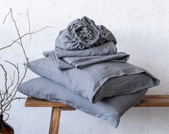 Linen Sheet Set - Fitted Sheet, Flat Sheet, and 2 Pillowcases - Queen, King, Double, Twin Bedding, Natural Linen Bed Sheets, Custom Bedding