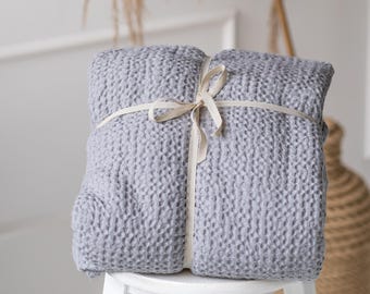 Waffle Linen Blanket, Gray Linen Cotton Waffle Throw, Textured Waffle Blanket, Bed Bedspread, Size: 83''x91''/210x230cm
