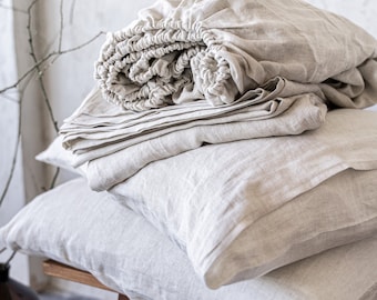 Linen Sheets Set: Bed Fitted Sheet, Bed Flat Sheet and 2 Pillowcases - Queen, King, Custom Bedding - Natural Linen Bed Sheets