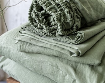 Linen Bed Sheet Set: Linen Fitted Sheet, Linen Flat Sheet, and 2 Pillowcases - Queen, King, Twin, Double Linen Sheets, Custom Bedding