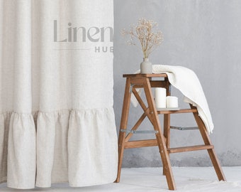 Linen Shower Curtain with Waterproof Liner, Ruffled Shower Curtain, Custom Clawfoot Tub Curtain, Curtain with Liner, Decorative Bath Curtain