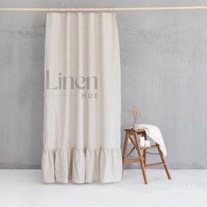 Linen Shower Curtain With Waterproof Liner, Shower Curtain With Ruffles, Ruffled Bottom Bathroom Curtain, Decorative Custom Bathtub Curtain