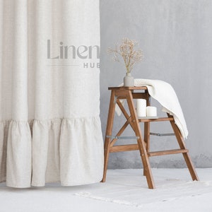 Linen Shower Curtain with Waterproof Liner, Ruffled Shower Curtain, Custom Clawfoot Tub Curtain, Curtain with Liner, Decorative Bath Curtain
