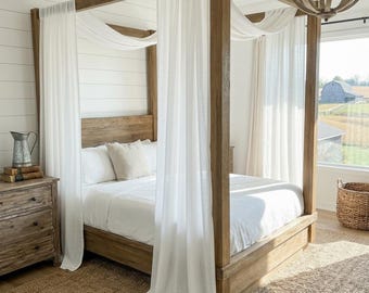 White Linen Canopy Bed Curtains, Semi Sheer Baldachin, Set of 2 Panels