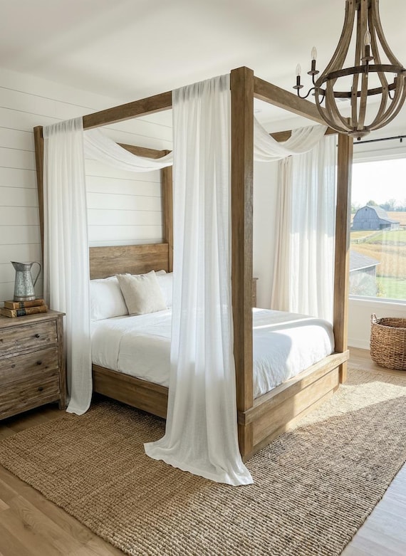 White Linen Canopy Bed Curtains, Semi Sheer Baldachin, Set of 2 Panels