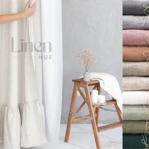Linen Shower Curtain, Waterproof Linen Drape with Ruffles, Shabby Chic Shower Drape, Custom Curtain with Liner, Wide Bath Curtain